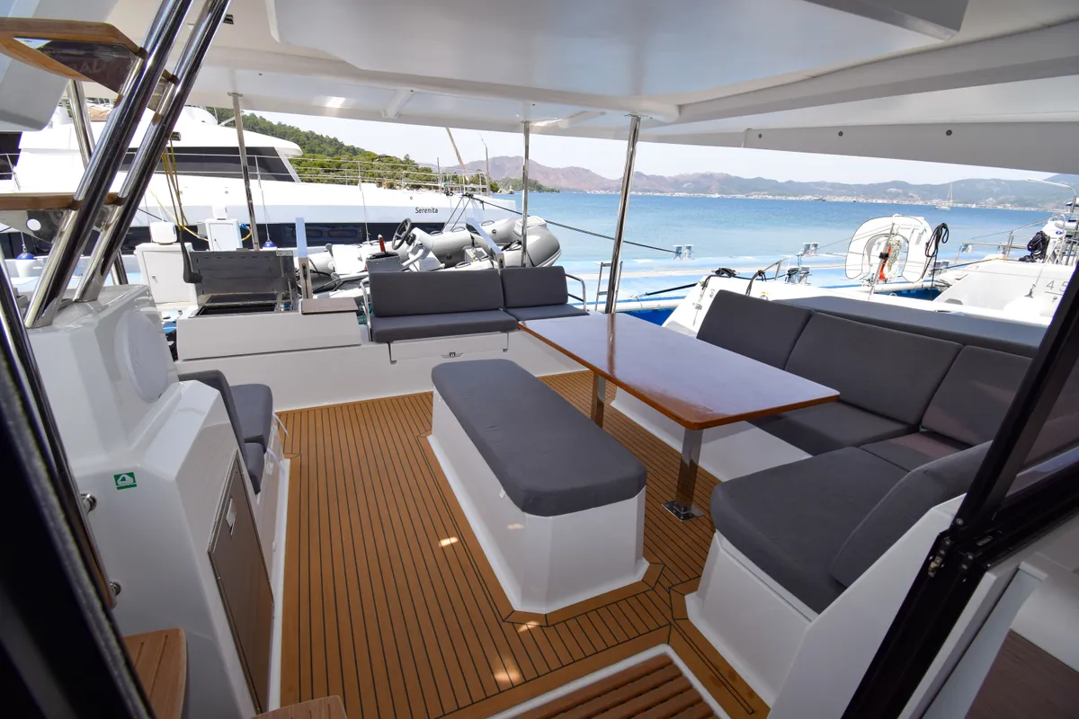 Deck of MILLY 2, a Fountaine Pajot Elba 45 catamaran at Marmaris, Turkey