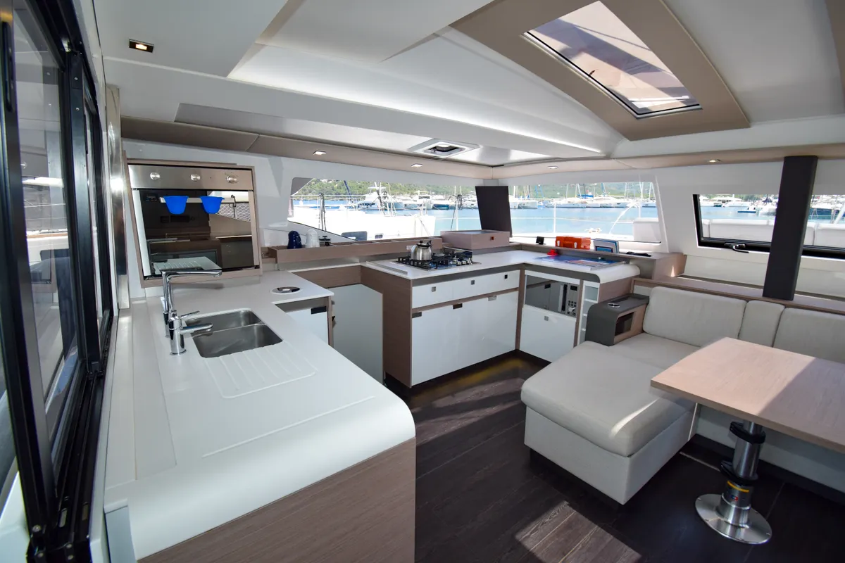 Galley of MILLY 2, a Fountaine Pajot Elba 45 catamaran at Marmaris, Turkey