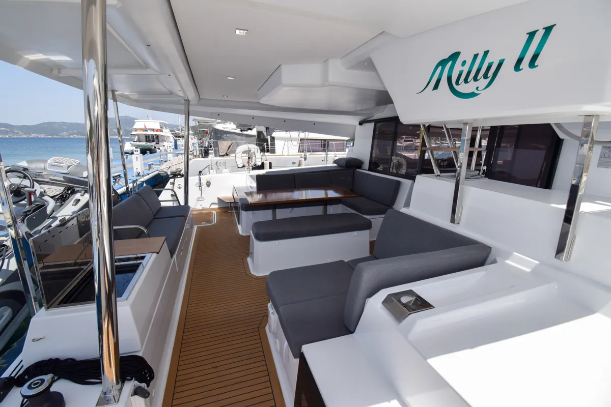 Deck of MILLY 2, a Fountaine Pajot Elba 45 catamaran at Marmaris, Turkey