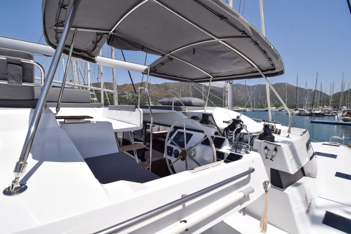 Cockpit of MILLY 2, a Fountaine Pajot Elba 45 catamaran at Marmaris, Turkey