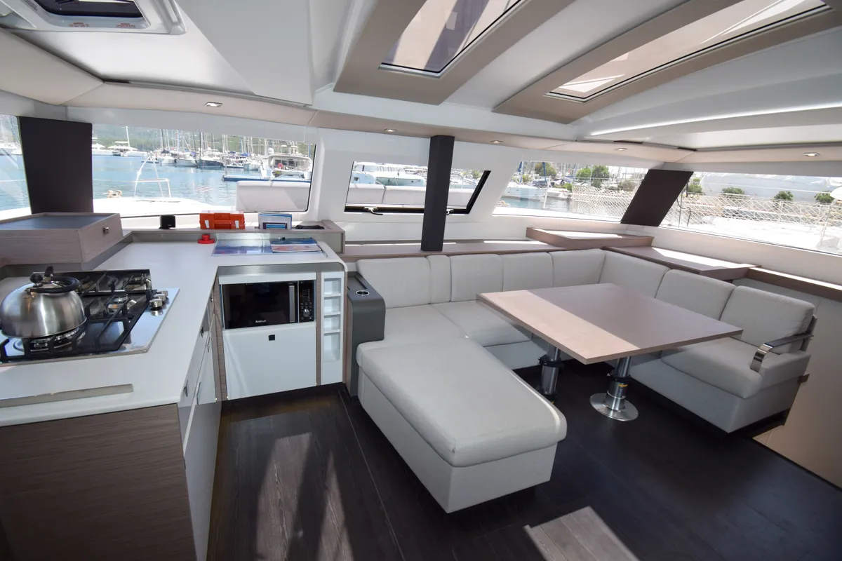 Salon of MILLY 2, a Fountaine Pajot Elba 45 catamaran at Marmaris, Turkey