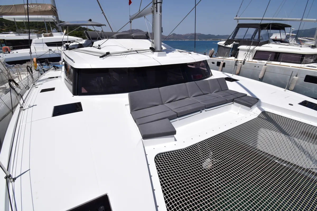 Deck of MILLY 2, a Fountaine Pajot Elba 45 catamaran at Marmaris, Turkey