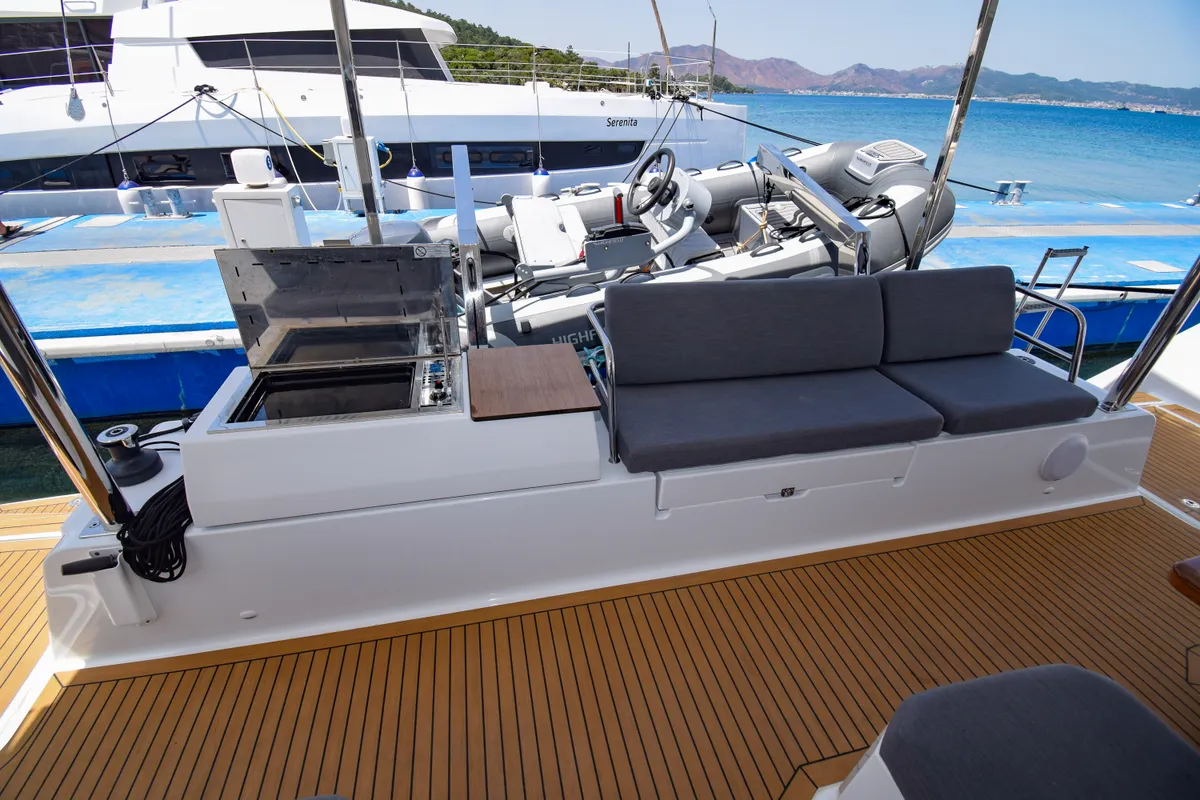 Deck of MILLY 2, a Fountaine Pajot Elba 45 catamaran at Marmaris, Turkey