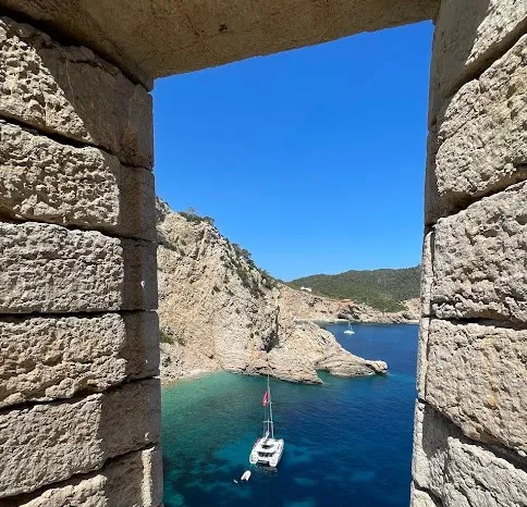Blue Regeneration, a Lagoon 46 catamaran at Sant Antoni de Portmany, Spain