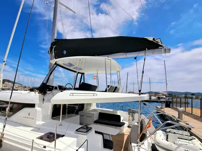 Cockpit of Blue Regeneration, a Lagoon 46 catamaran at Sant Antoni de Portmany, Spain