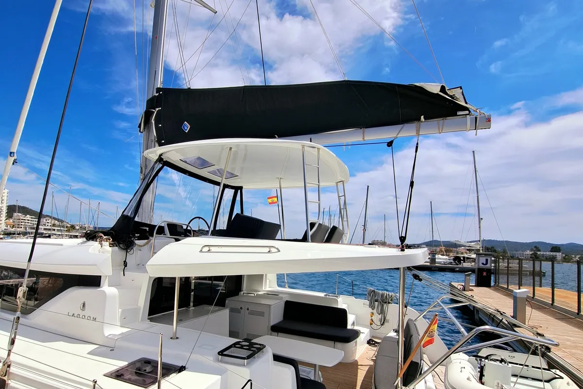 Cockpit of Blue Regeneration, a Lagoon 46 catamaran at Sant Antoni de Portmany, Spain