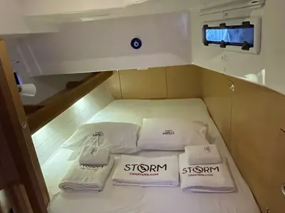 Cabin on Wave Dancer, a Bavaria Cruiser 45 sailboat at Marmaris, Turkey