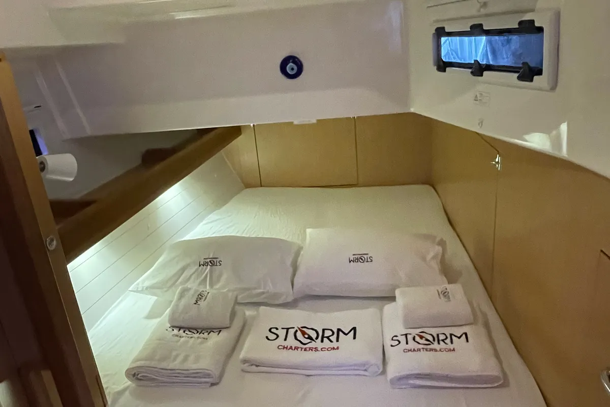 Cabin on Wave Dancer, a Bavaria Cruiser 45 sailboat at Marmaris, Turkey