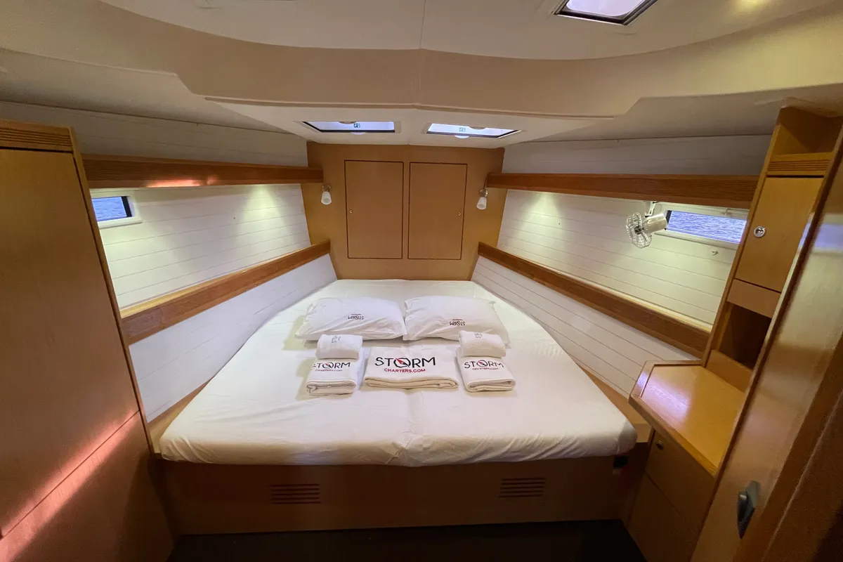 Cabin on Wave Dancer, a Bavaria Cruiser 45 sailboat at Marmaris, Turkey