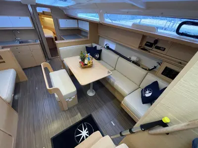Salon of NEXUS , a Dufour 430 sailboat at Marmaris, Turkey
