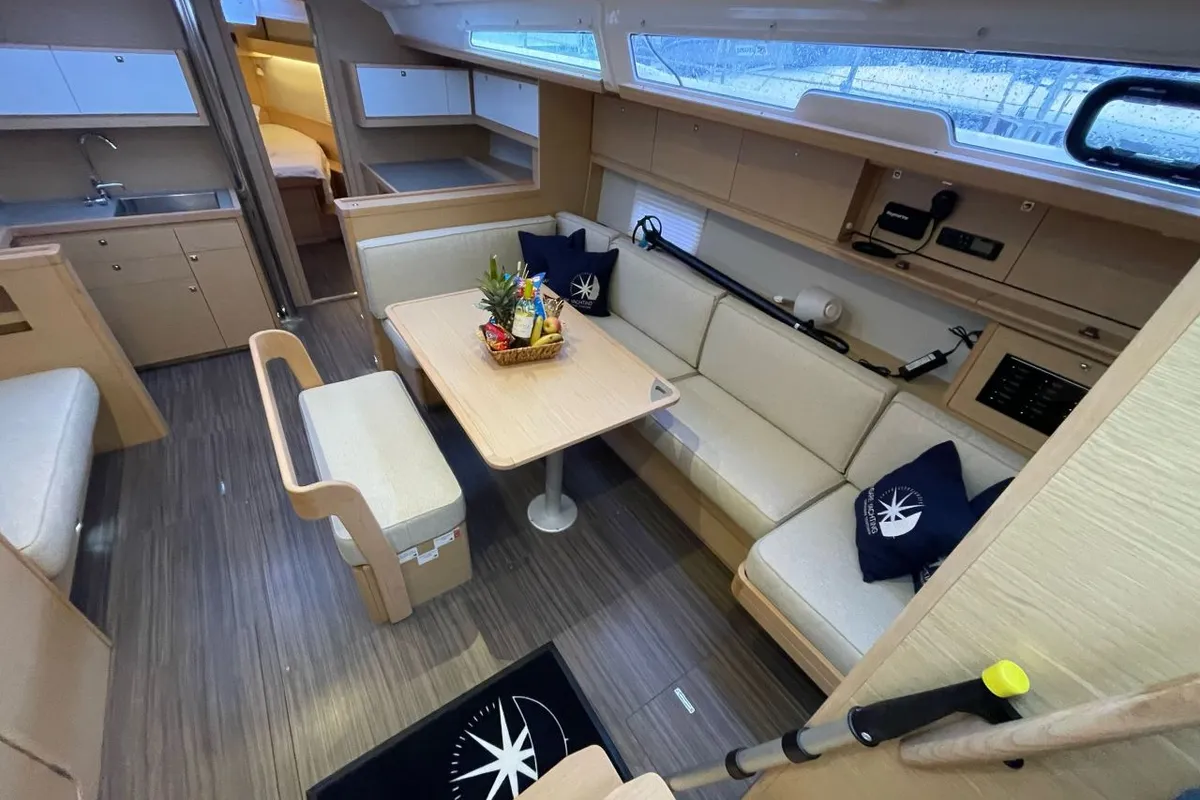 Salon of NEXUS , a Dufour 430 sailboat at Marmaris, Turkey
