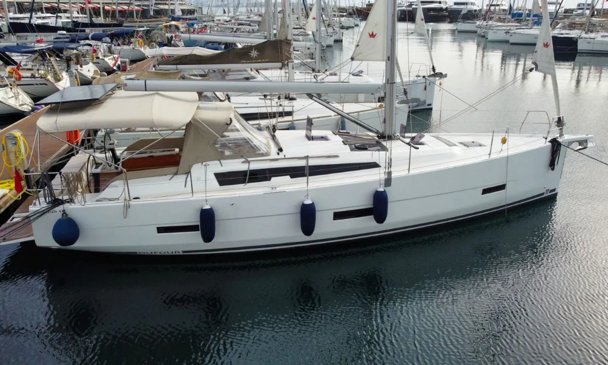 Exterior view of NEXUS , a Dufour 430 sailboat at Marmaris, Turkey