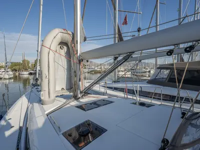 Deck of Erica, a Jeanneau 54 sailboat at Lavrion, Greece
