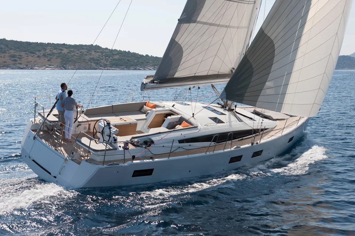 Exterior view of Erica, a Jeanneau 54 sailboat at Lavrion, Greece