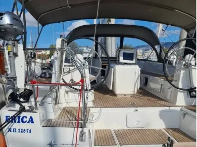 Cockpit of Erica, a Jeanneau 54 sailboat at Lavrion, Greece