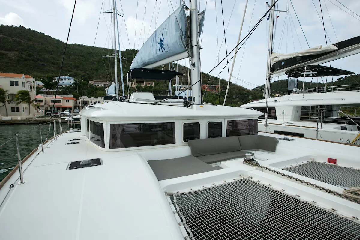 Deck of King Lewis, a Lagoon 450 F catamaran at Road Town, British Virgin Islands