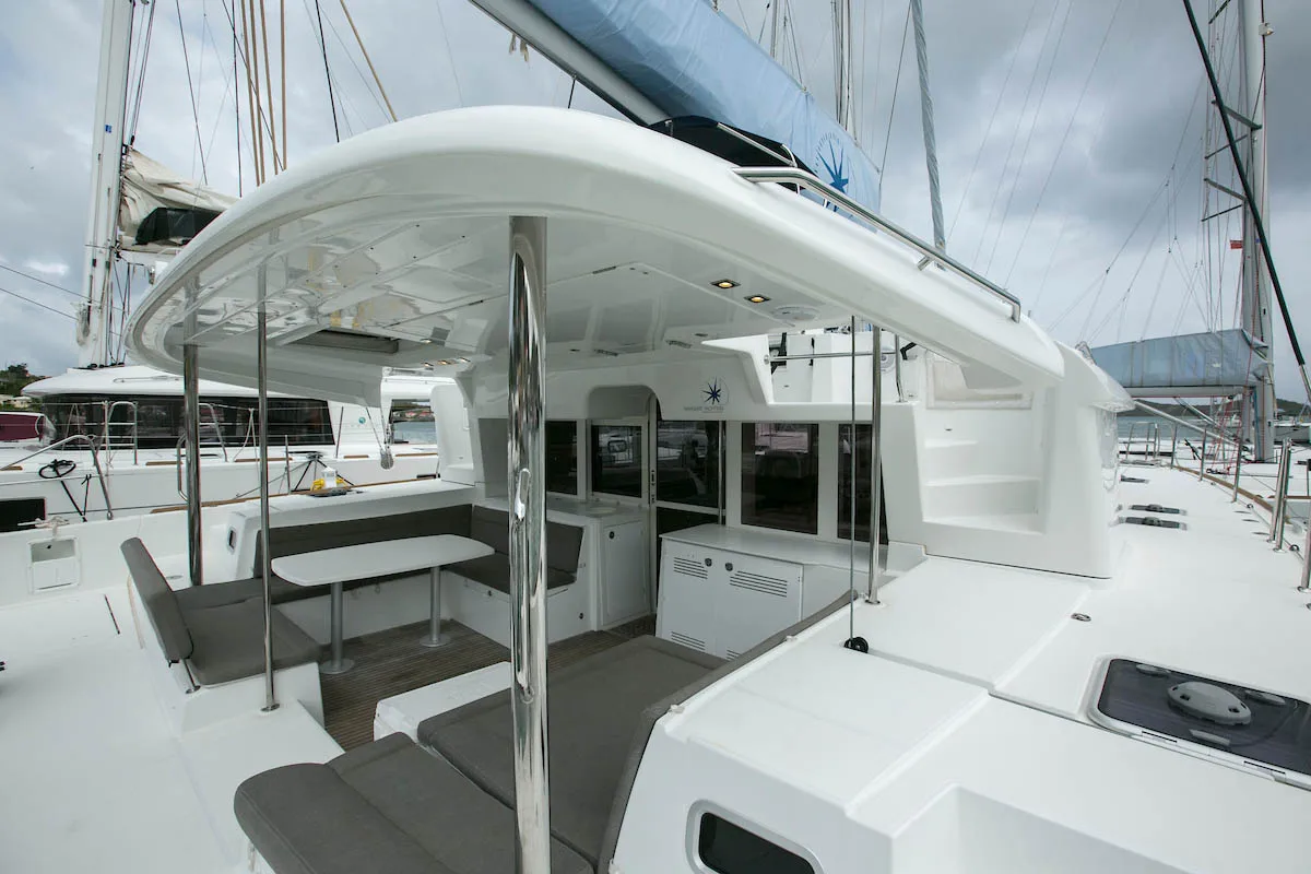 Deck of King Lewis, a Lagoon 450 F catamaran at Road Town, British Virgin Islands