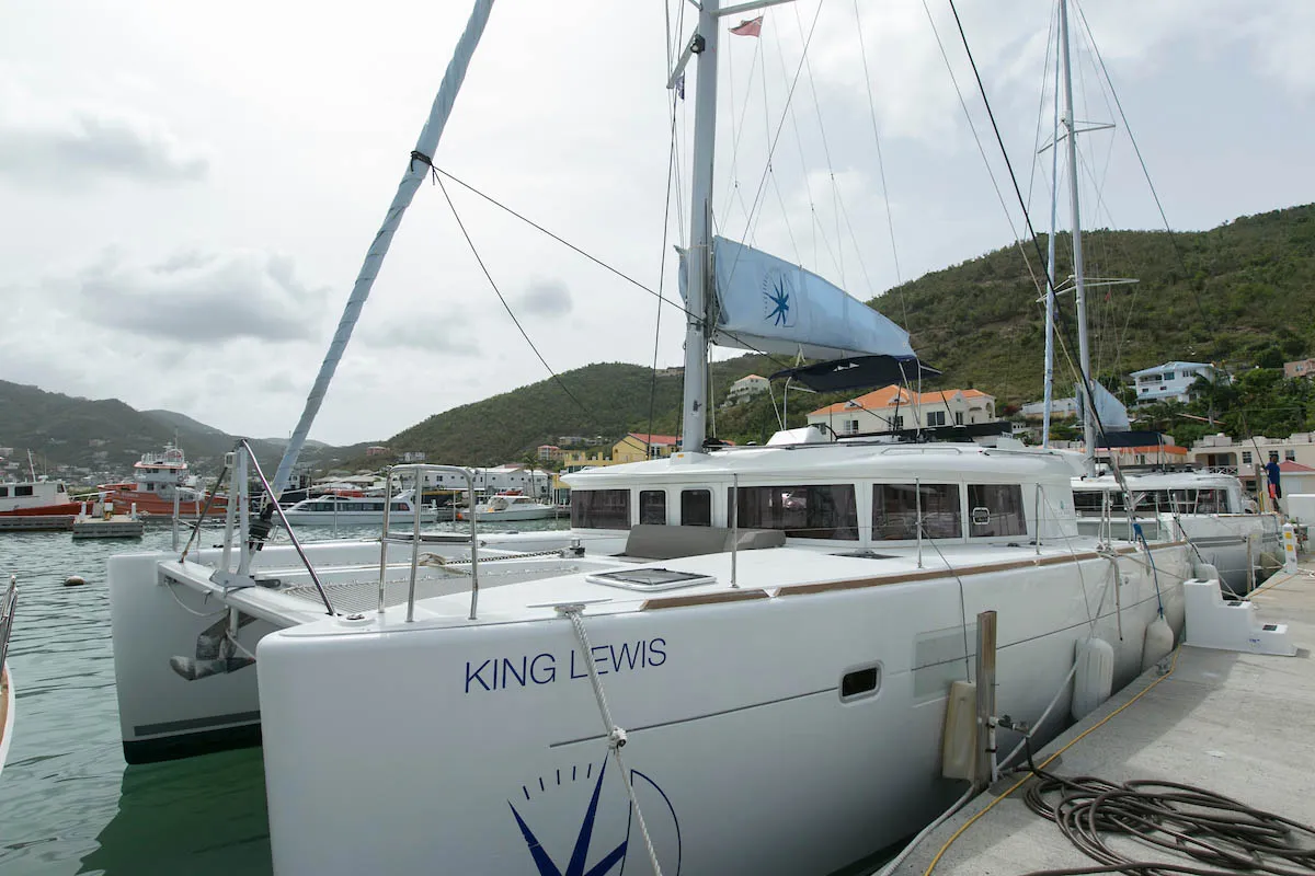Exterior view of King Lewis, a Lagoon 450 F catamaran at Road Town, British Virgin Islands
