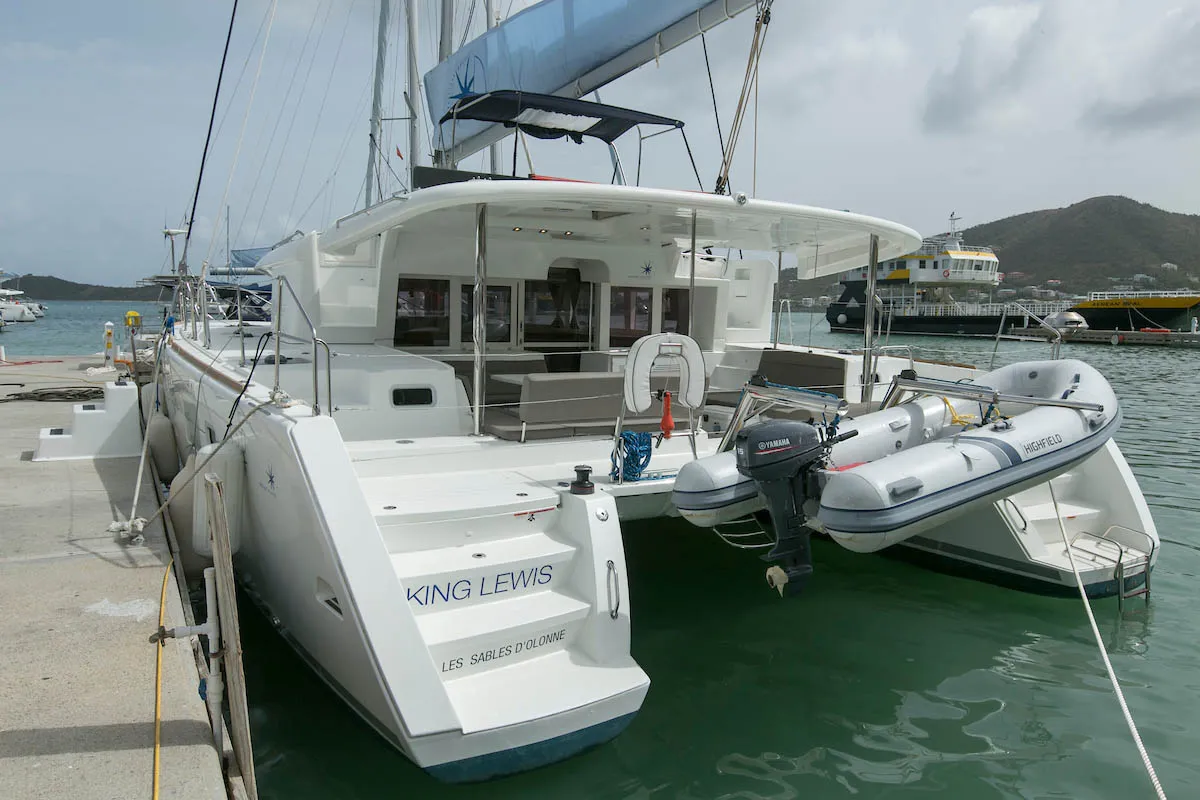 Exterior view of King Lewis, a Lagoon 450 F catamaran at Road Town, British Virgin Islands