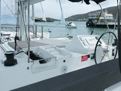 Cockpit of King Lewis, a Lagoon 450 F catamaran at Road Town, British Virgin Islands