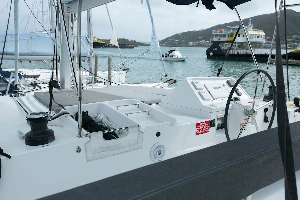 Cockpit of King Lewis, a Lagoon 450 F catamaran at Road Town, British Virgin Islands