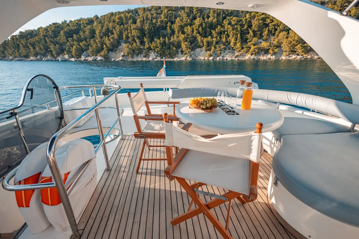 Deck of Happy3, a Yaretti 2210 motor yacht at Split, Croatia