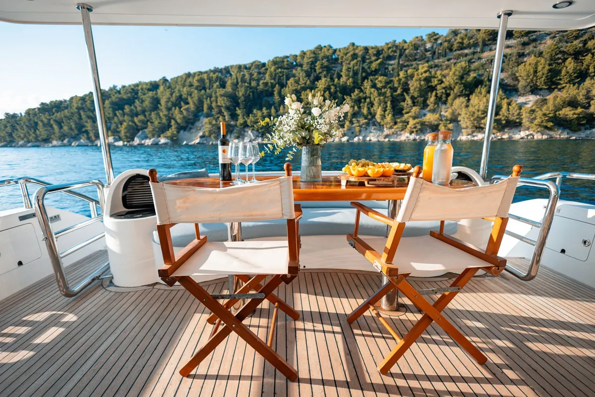 Deck of Happy3, a Yaretti 2210 motor yacht at Split, Croatia