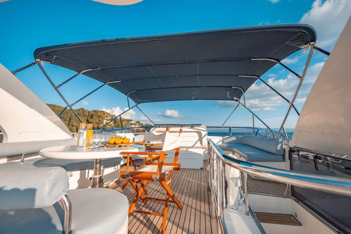 Deck of Happy3, a Yaretti 2210 motor yacht at Split, Croatia