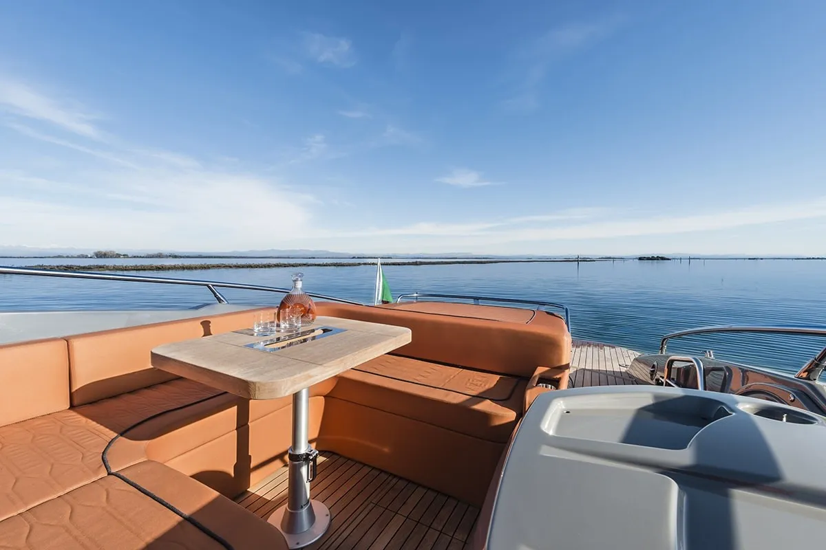 Deck of Aurora, a Cranchi E30 Endurance motorboat at Olbia, Italy