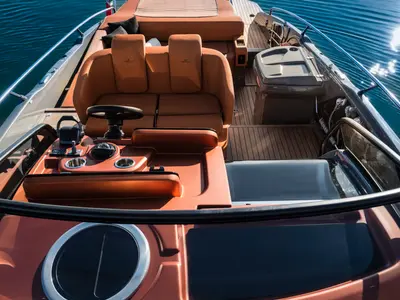 Cockpit of Aurora, a Cranchi E30 Endurance motorboat at Olbia, Italy