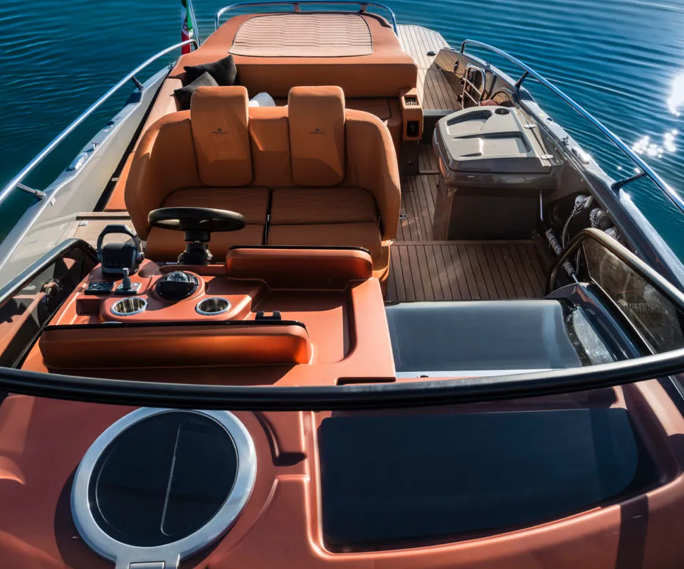 Cockpit of Aurora, a Cranchi E30 Endurance motorboat at Olbia, Italy