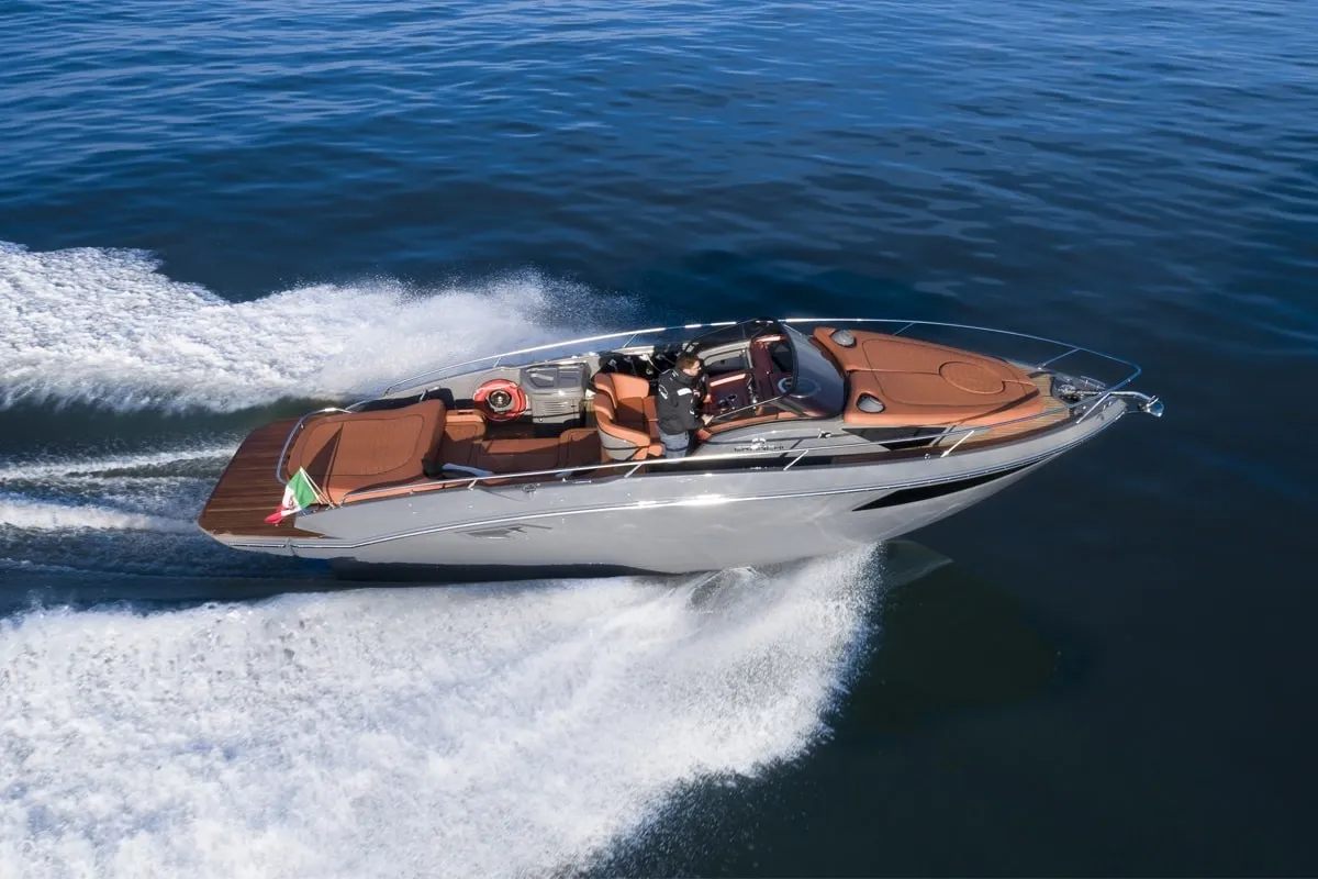 Exterior view of Aurora, a Cranchi E30 Endurance motorboat at Olbia, Italy