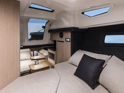 Cabin on Aurora, a Cranchi E30 Endurance motorboat at Olbia, Italy