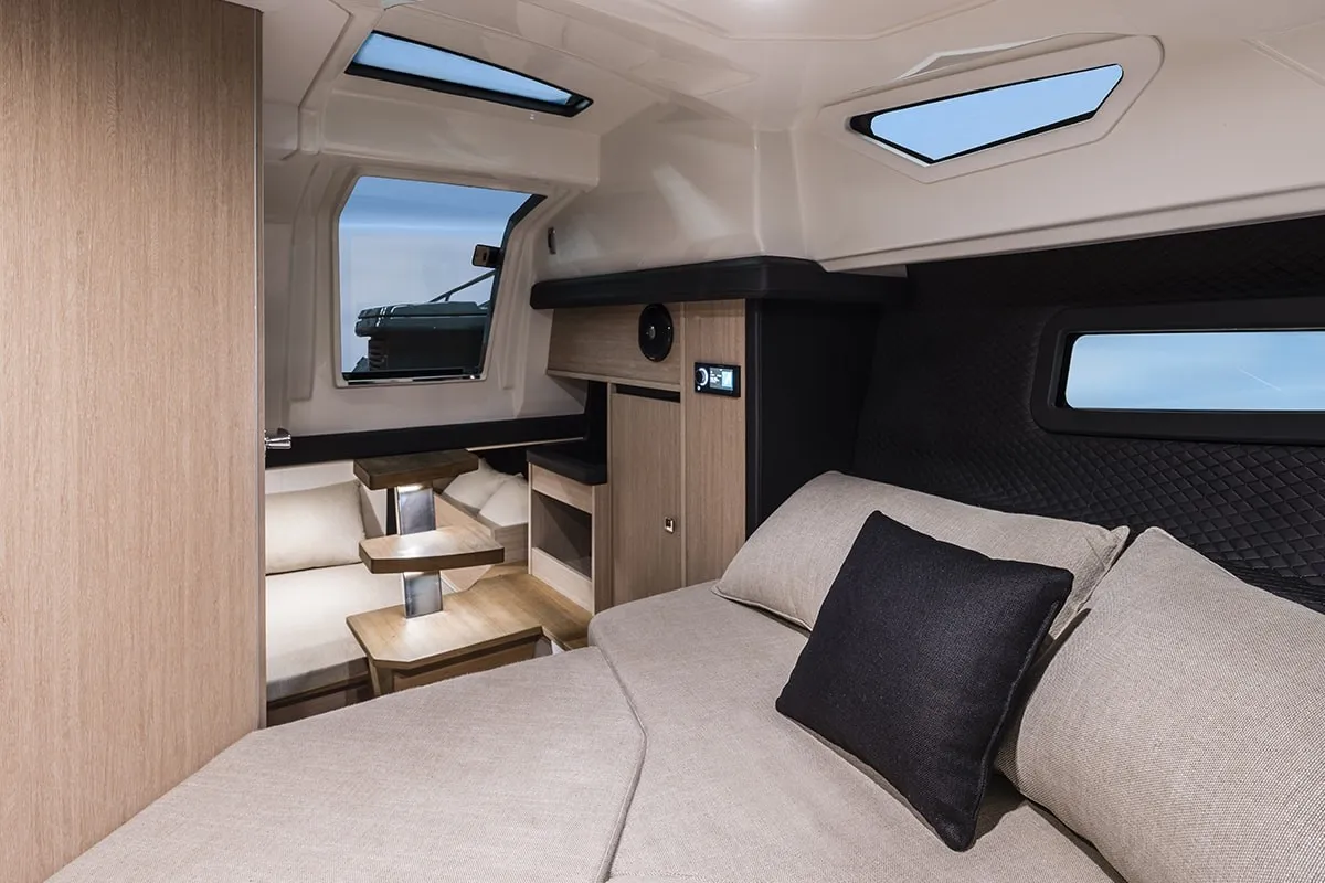 Cabin on Aurora, a Cranchi E30 Endurance motorboat at Olbia, Italy