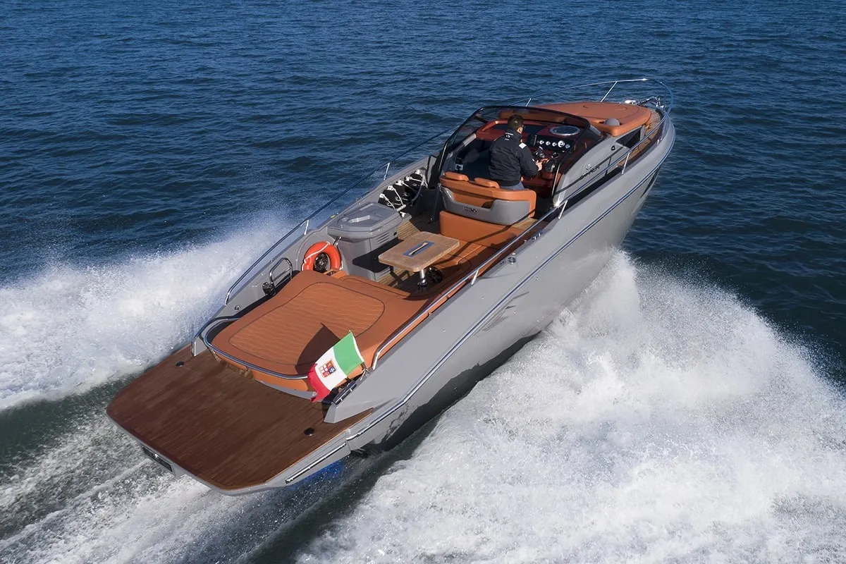Exterior view of Aurora, a Cranchi E30 Endurance motorboat at Olbia, Italy