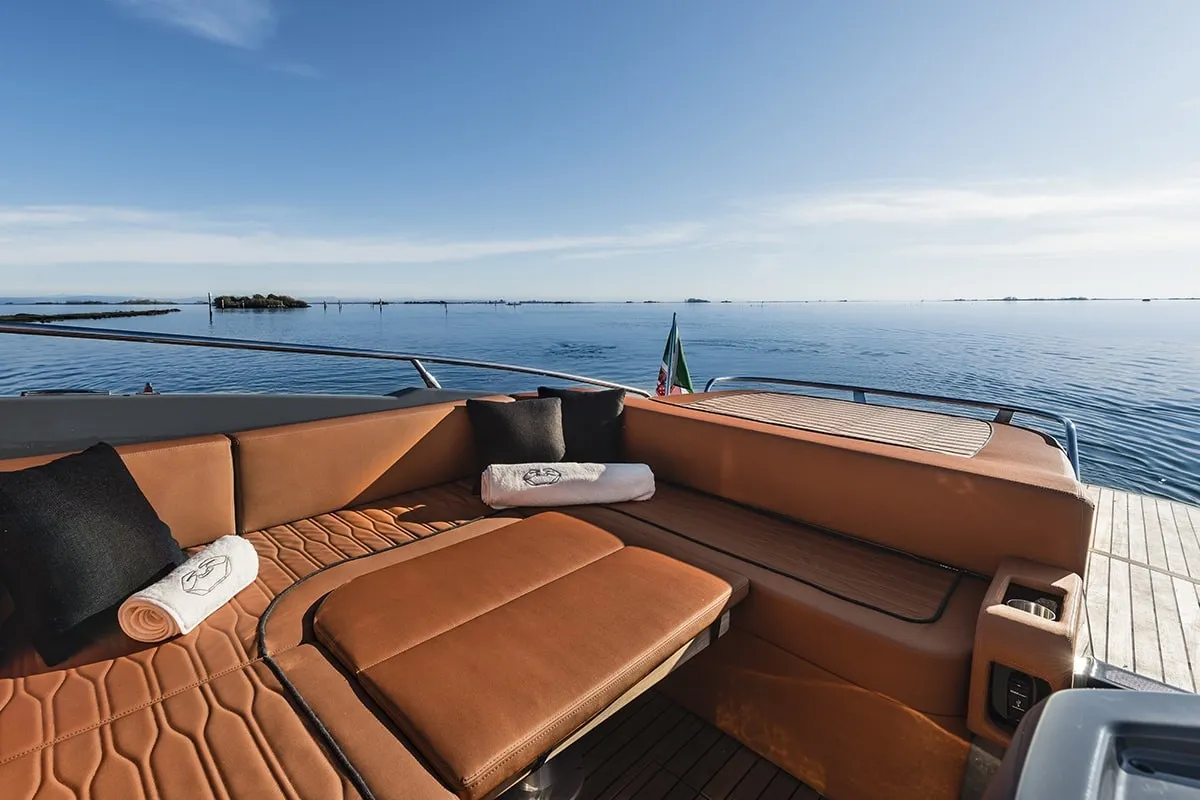 Deck of Aurora, a Cranchi E30 Endurance motorboat at Olbia, Italy