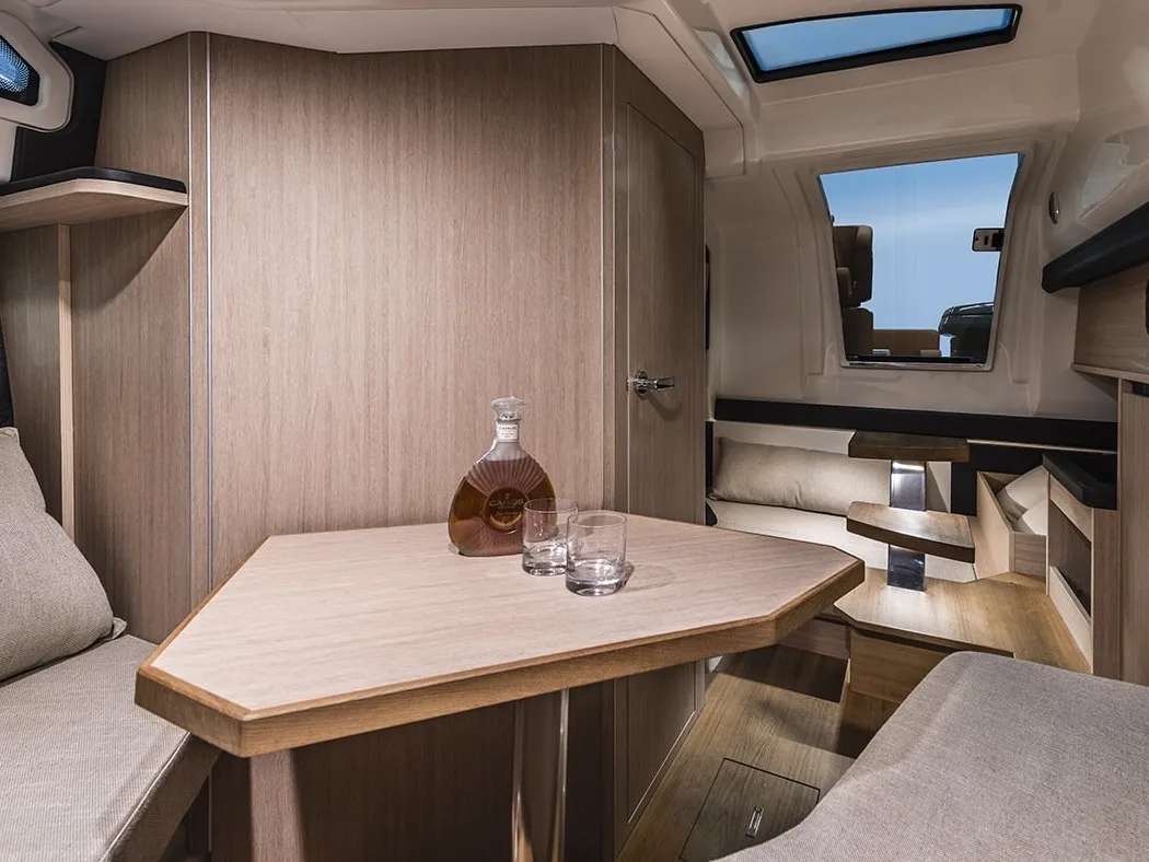 Salon of Aurora, a Cranchi E30 Endurance motorboat at Olbia, Italy