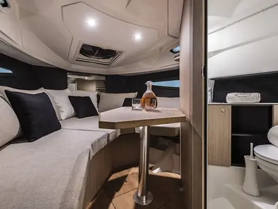 Salon of Aurora, a Cranchi E30 Endurance motorboat at Olbia, Italy