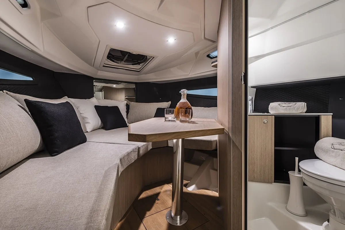 Salon of Aurora, a Cranchi E30 Endurance motorboat at Olbia, Italy