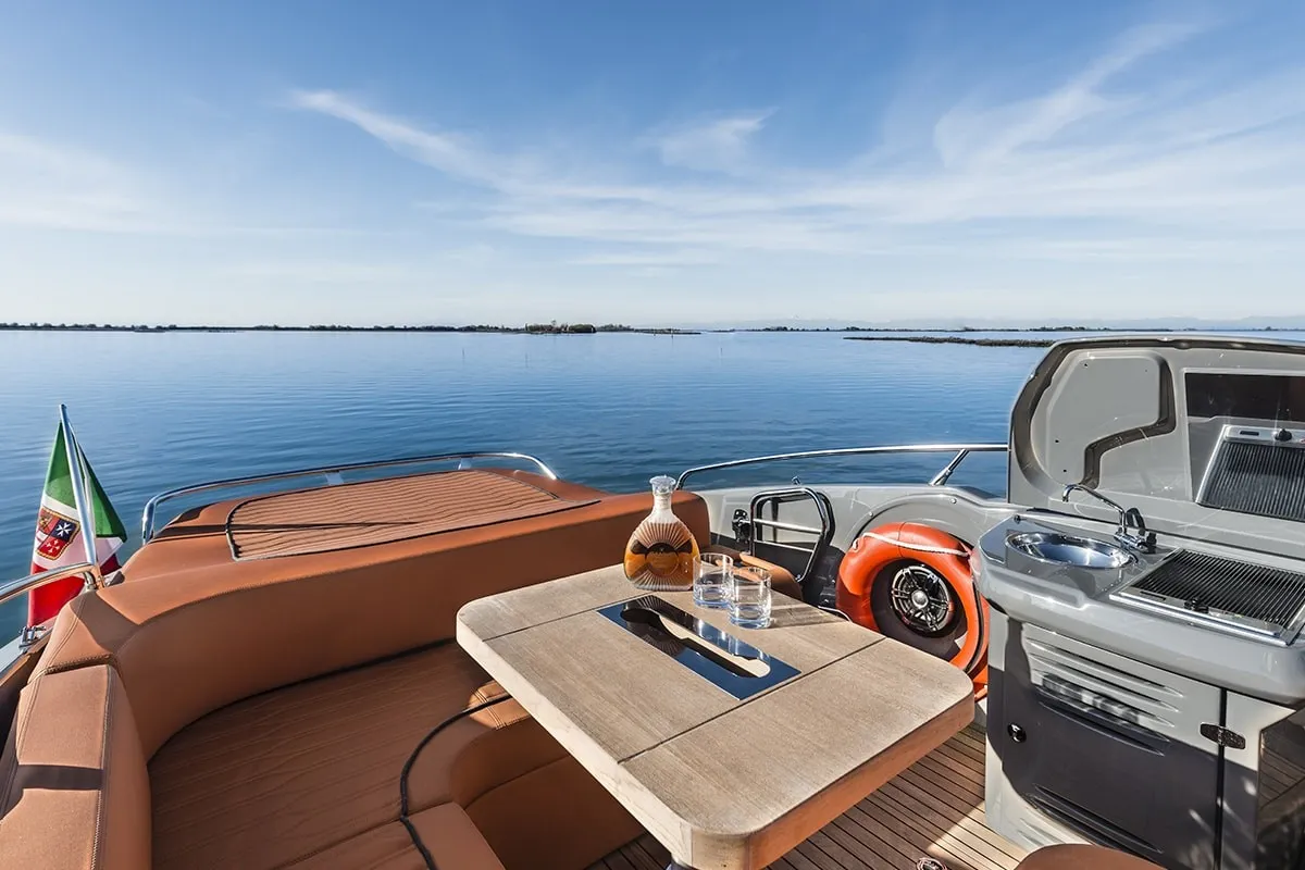 Deck of Aurora, a Cranchi E30 Endurance motorboat at Olbia, Italy