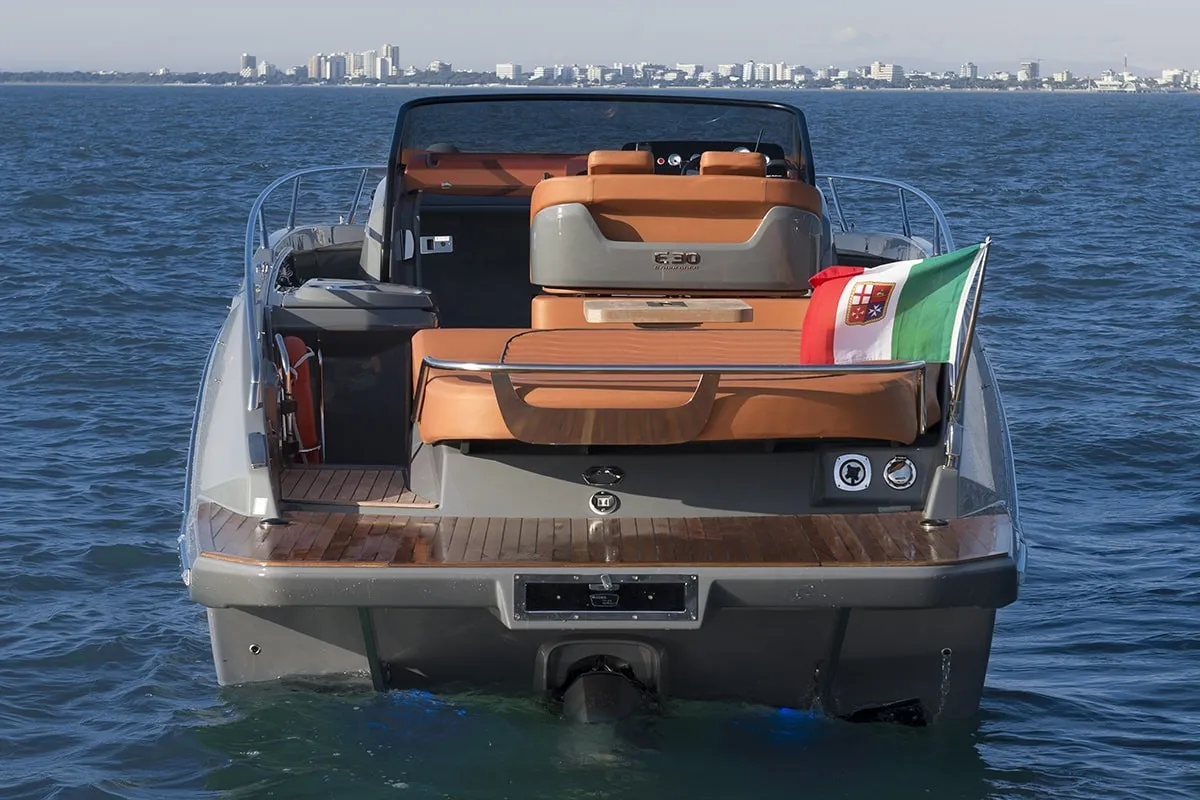 Exterior view of Aurora, a Cranchi E30 Endurance motorboat at Olbia, Italy