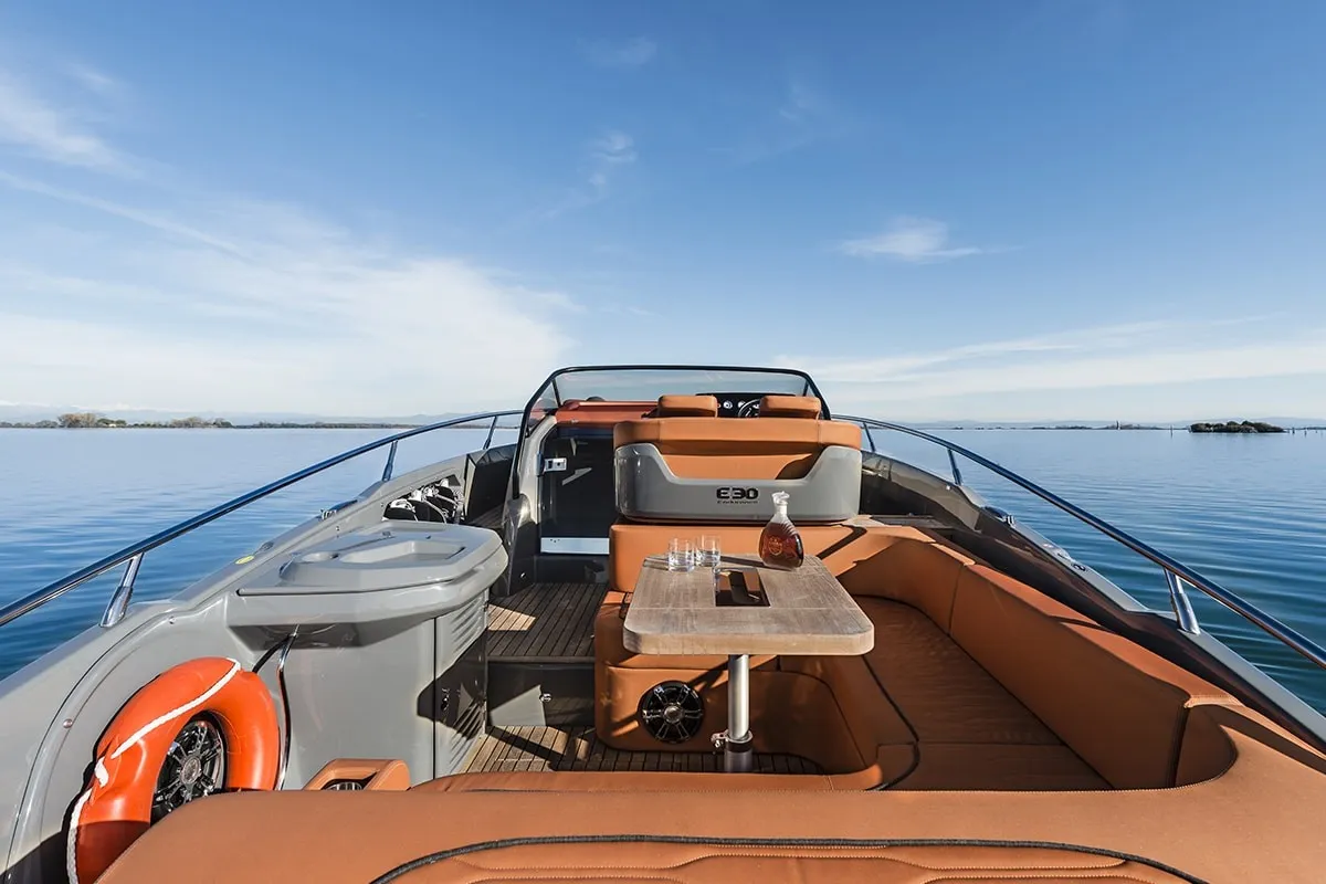 Deck of Aurora, a Cranchi E30 Endurance motorboat at Olbia, Italy
