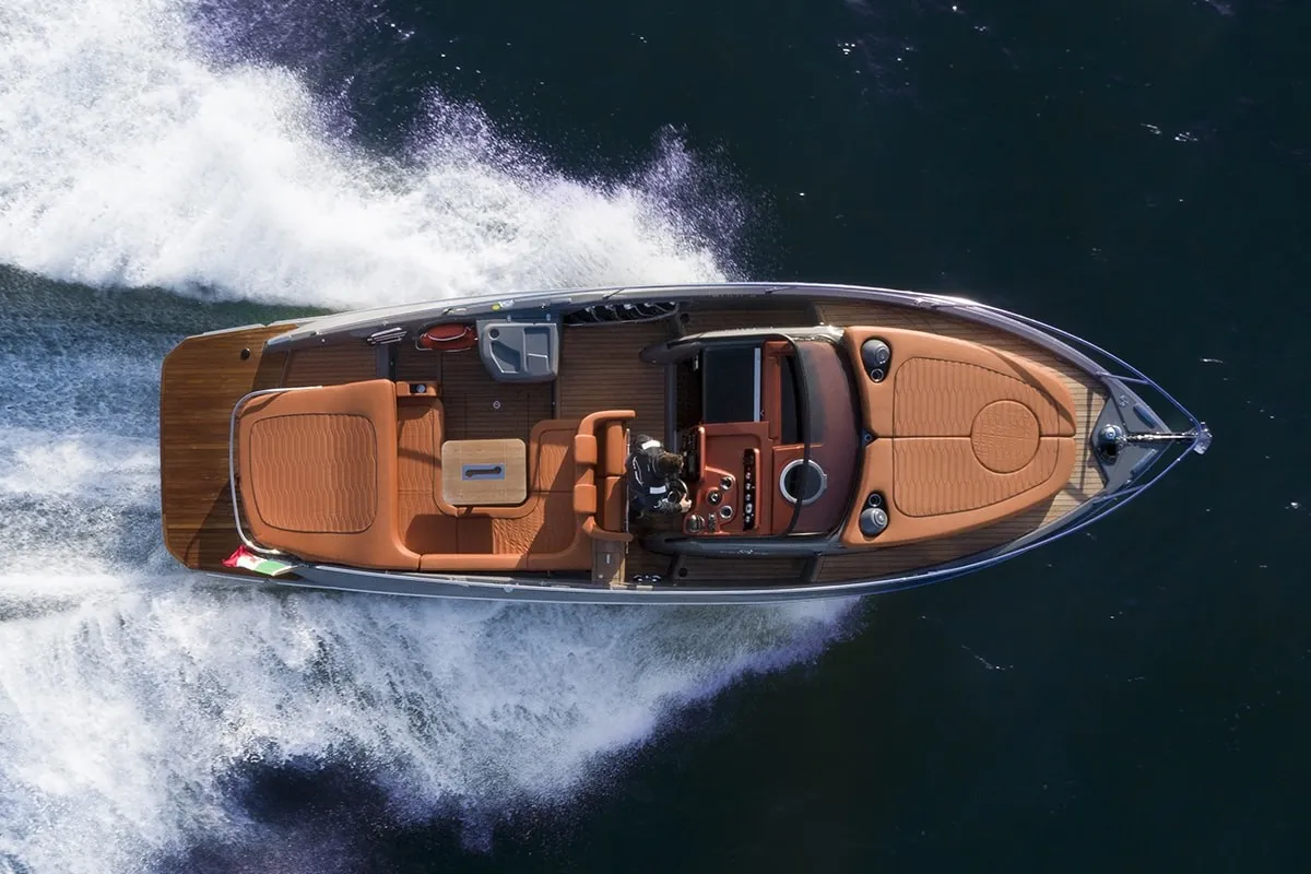 Exterior view of Aurora, a Cranchi E30 Endurance motorboat at Olbia, Italy