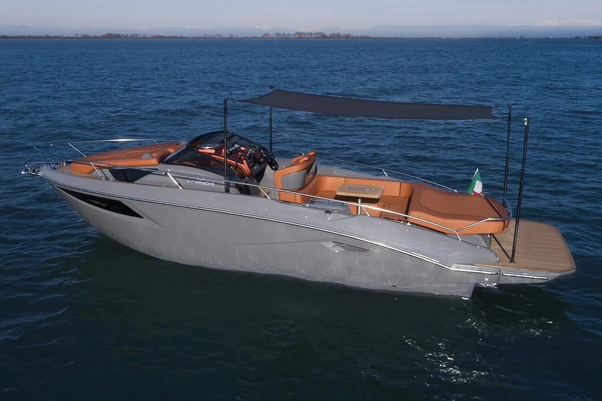 Exterior view of Aurora, a Cranchi E30 Endurance motorboat at Olbia, Italy