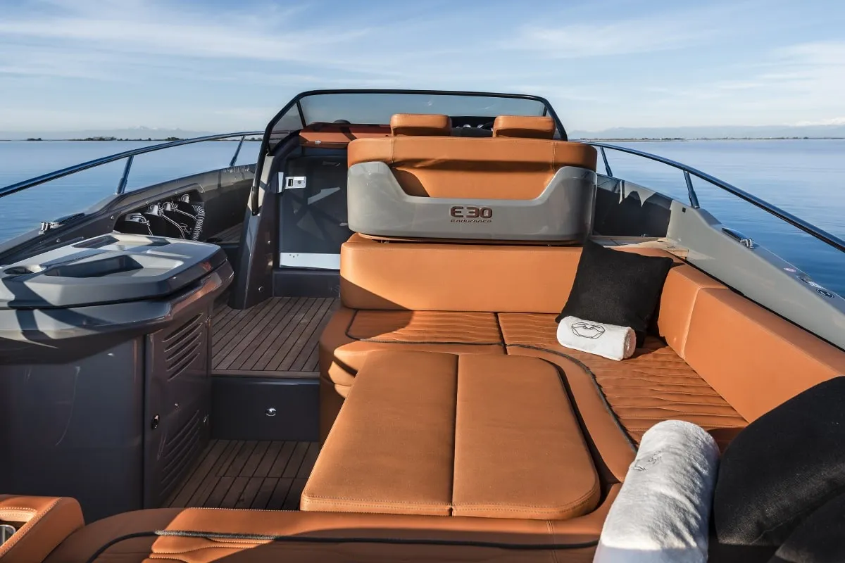 Deck of Aurora, a Cranchi E30 Endurance motorboat at Olbia, Italy