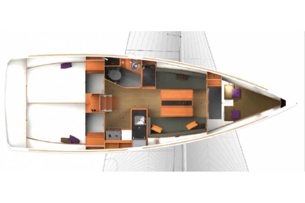 Floor plan of Escape, a Jeanneau Sun Odyssey 54DS sailboat at Municipal Unit of Lefkada, Greece
