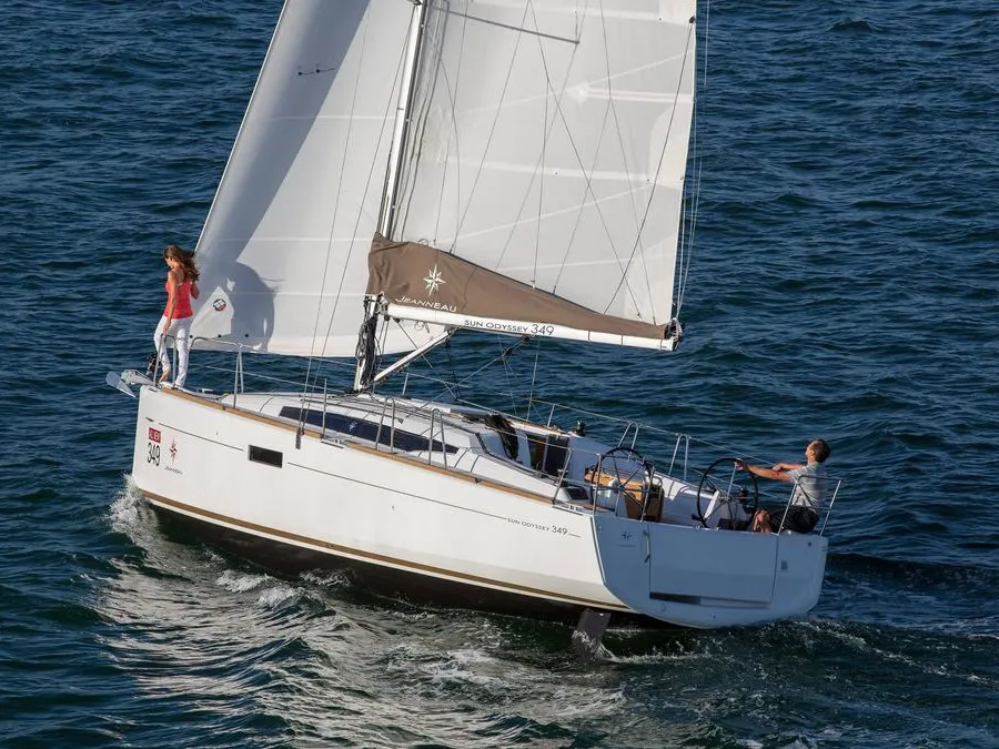 Exterior view of Escape, a Jeanneau Sun Odyssey 54DS sailboat at Municipal Unit of Lefkada, Greece
