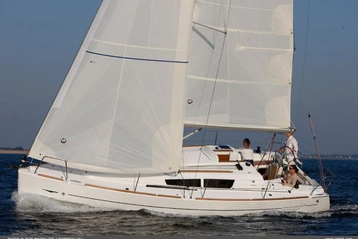 Exterior view of Carry On, a Jeanneau Sun Odyssey 33i sailboat at Kontokali, Greece