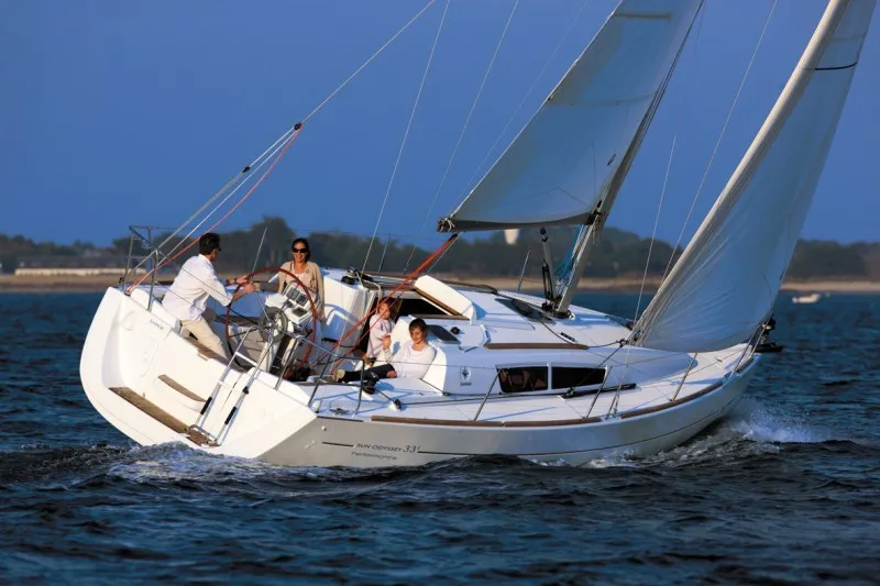 Exterior view of Carry On, a Jeanneau Sun Odyssey 33i sailboat at Kontokali, Greece