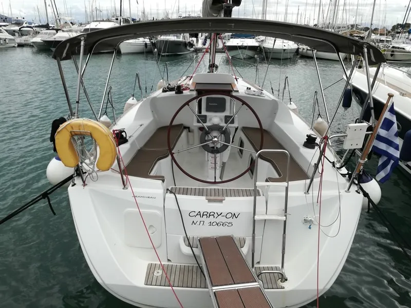 Cockpit of Carry On, a Jeanneau Sun Odyssey 33i sailboat at Kontokali, Greece
